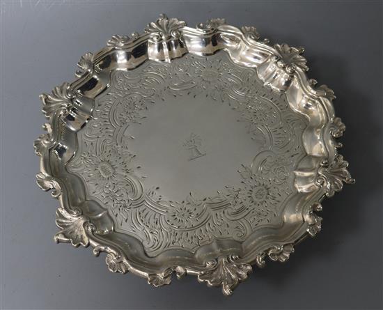 A George II silver waiter, with later engraved decoration, Jacob Marsh, London, 1749, 11 oz.